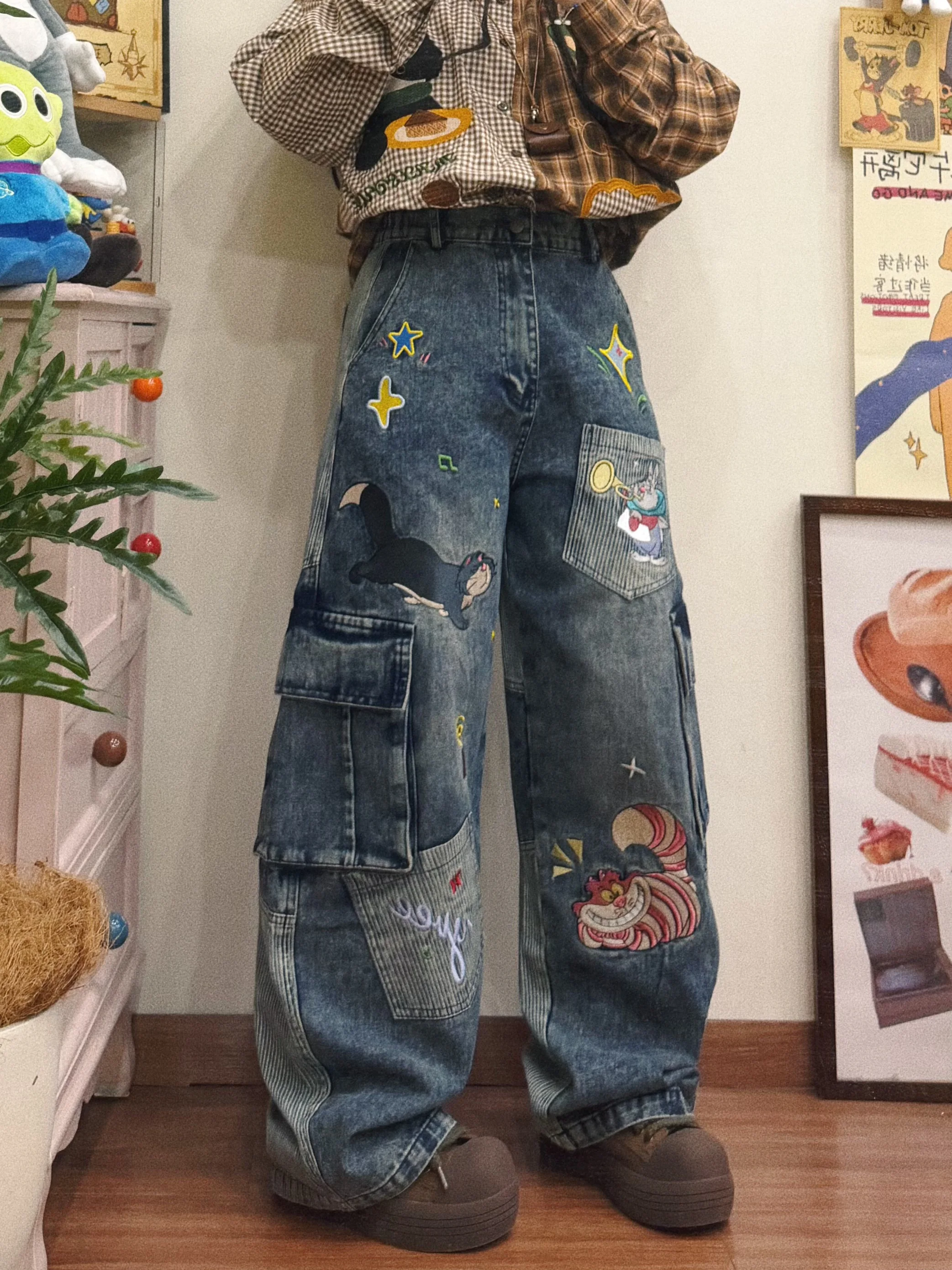 

BIBULU Retro American Sle Embroidered Heavy Du Denim Pants with Big kets for Girls Loose Fit Spring Summer Trend
