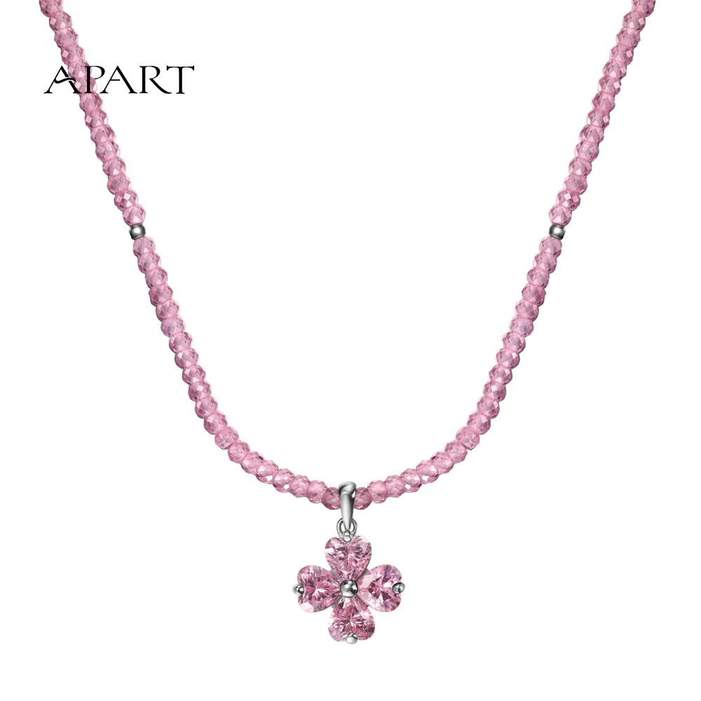 Apart stylish jewelry dress up casual s925 silver beaded chain Women Green Pink four leaf clover lucky pendant necklace girl