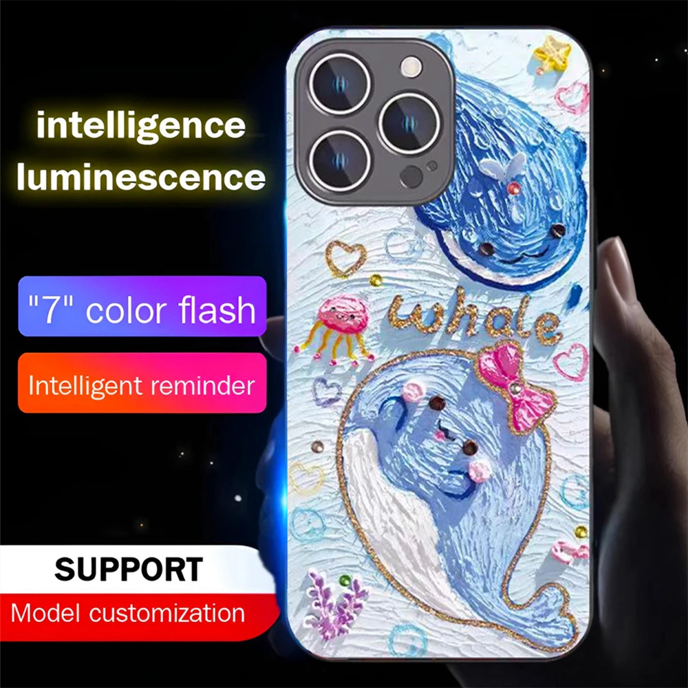 

Cute Whales Oil Painting Smart LED Light Glow Tempered Glass Phone Case For Samsung S25 S24 S23 S22 S21 S20 FE Plus Ultra A16