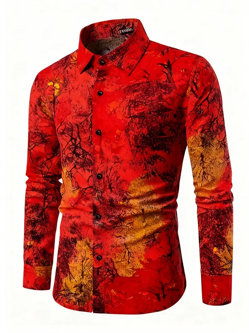 Men's Long Sleeve Luxury Shirt 3D Leaf Print Baroque Pattern Collar Top Men's Clothing