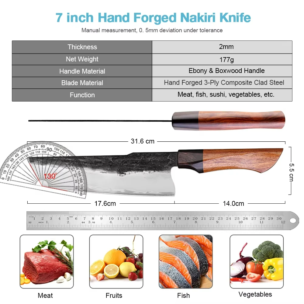 High Quality Nakiri Knife 7 inch Chef Knife, Ultra Sharp Multifunctional Kitchen Knife 3 Layer Rosewood Handle Hand Forged Knife