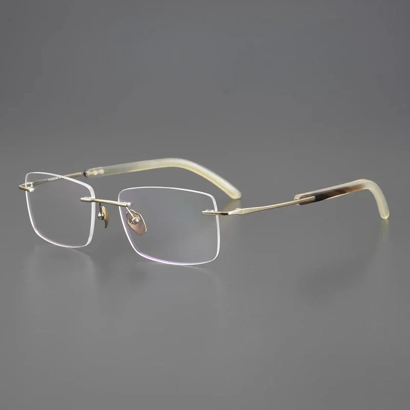 Natural Horn! Ultra-light Pure Titanium Men's Trendy Retro Prescription Business Rimless Golden Wire Square Eyeglass Frame