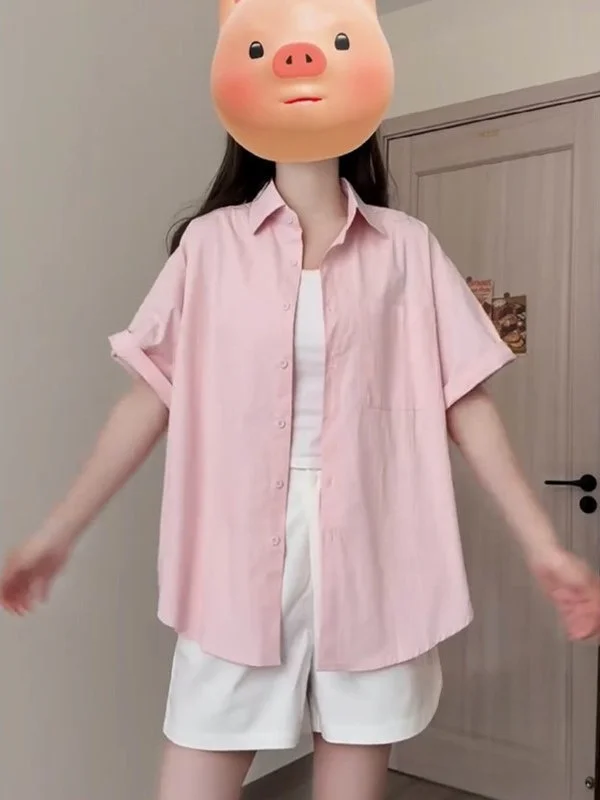 

Sweet Sister Dopne Pink ort Sve Cotton irt Women's Summer Loose Simple oulder Bore Hole irt Warm Collar Top