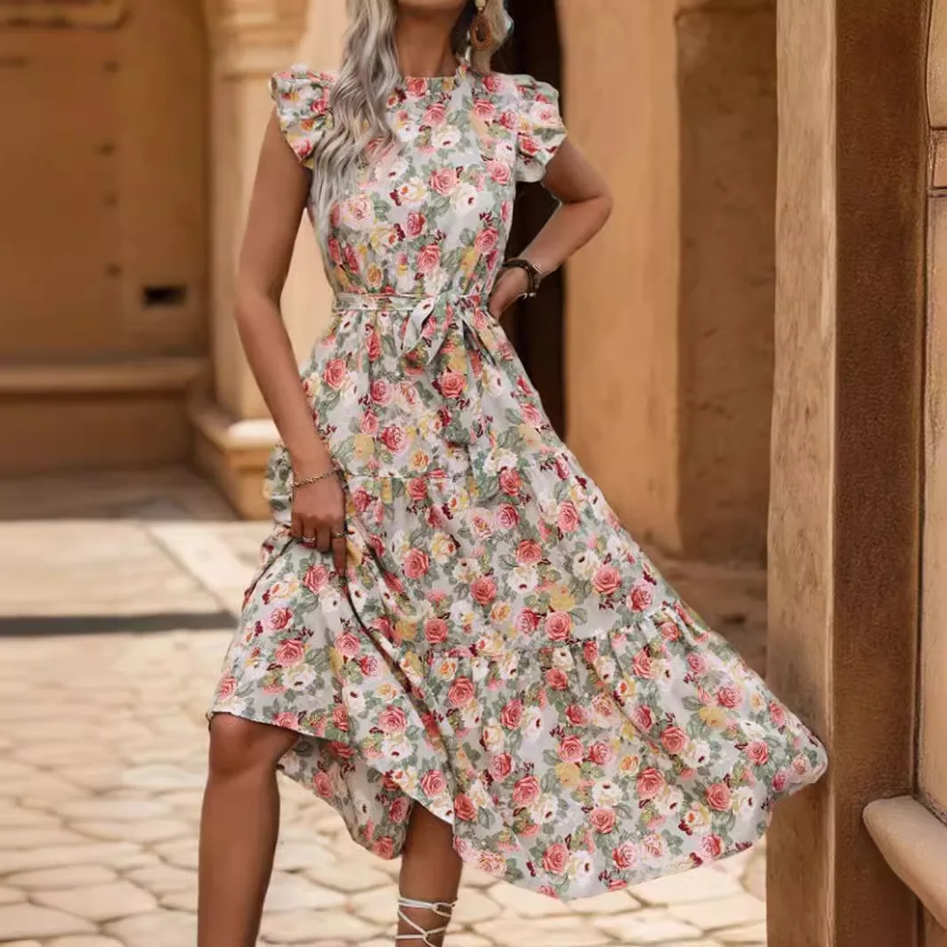 Elegant Floral Prints Dresses For Summer Women Dress 2024 New O-neck Short Flying Sleeves Lace Up High Waisted Midi Dress Woman