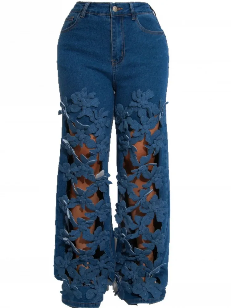 Women High Waist Wide Leg Pants Hole Straight Pants Long Jeans Casual Trendy Trousers 2025 Autumn Winter New Denim Trousers