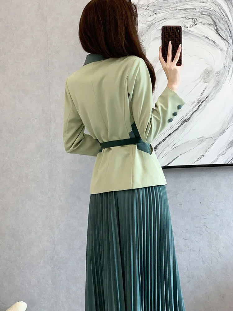 Coreano escritório manga longa blazer casacos topos conjuntos primavera outono ol cintura alta saia plissada roupa feminina formal 2 peças conjuntos