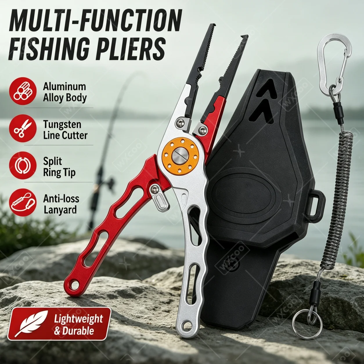 Pinze da Pesca in Alluminio WXCOO Resistenti all'Acqua Salata, Pinze per Anelli Aperti, Rimozione Ami, Taglia Trecciato in Carburo di Tungsteno, con F