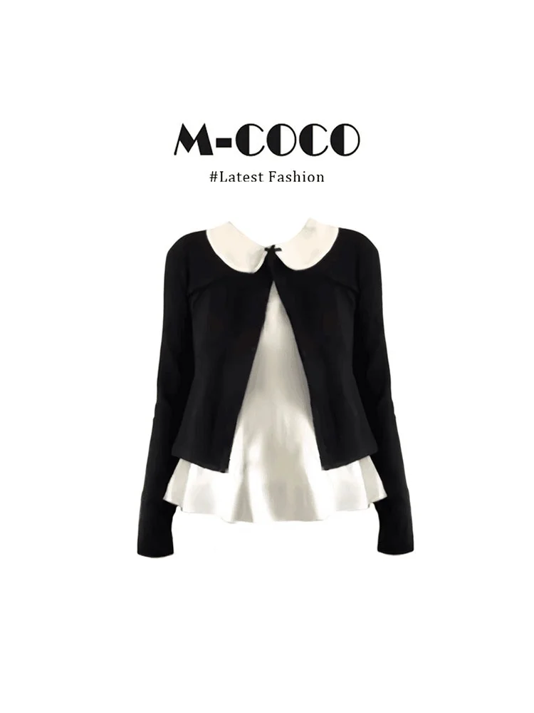Marie High-End Knitted Black Open Cardigan Doll Collar Base Shirt Casual Pants Three-Piece Set Chic Loose Fit Autumn Wear