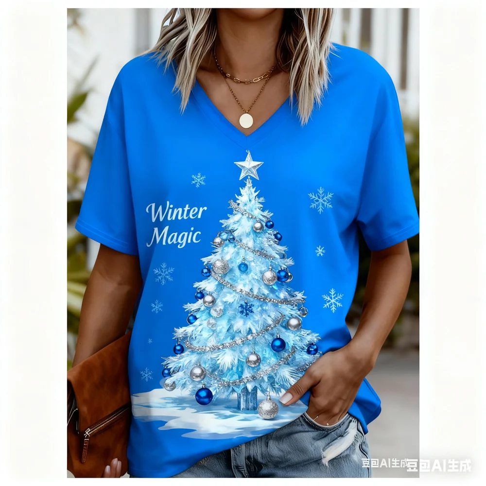 Christmas Women's T-shirt Christmas tree printed V-neck graphic t shirts quick-dry Christmas T-shirt tops for woman y2k Clothing