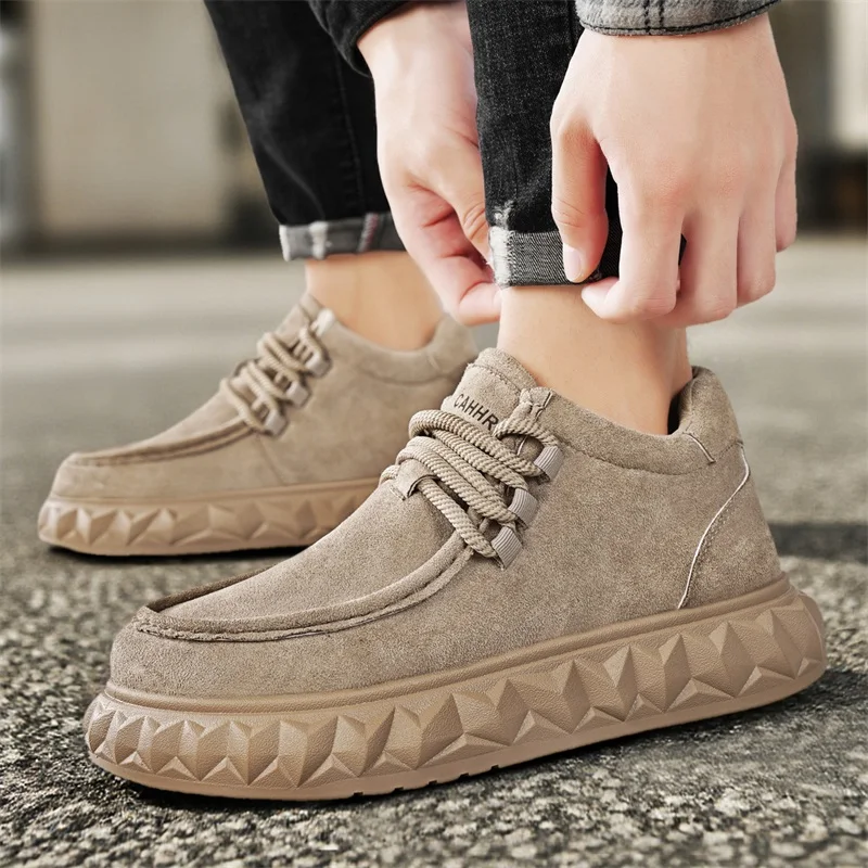 Retro Brown Casual Shoes For Men Ankle Boots High top Men\'s Winter Sneakers Comfortable Suede Leather Shoes Men chaussure hommes