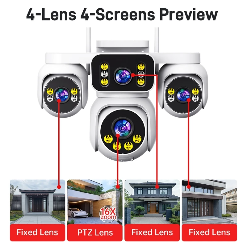 20MP Four Screens WiFi Security Camera Outdoor Four Lens 12X PTZ Zoom Two Way Audio Auto Tracking Night Vision CCTV IP Cameras