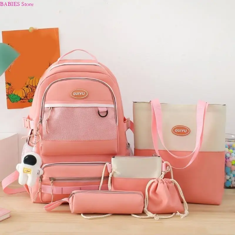 

C9GB 5pcs Backpack Set for School Bookbag Teens Daypack with Pendant Large Capacity Shoulder Bag Handbag Pencil for Case