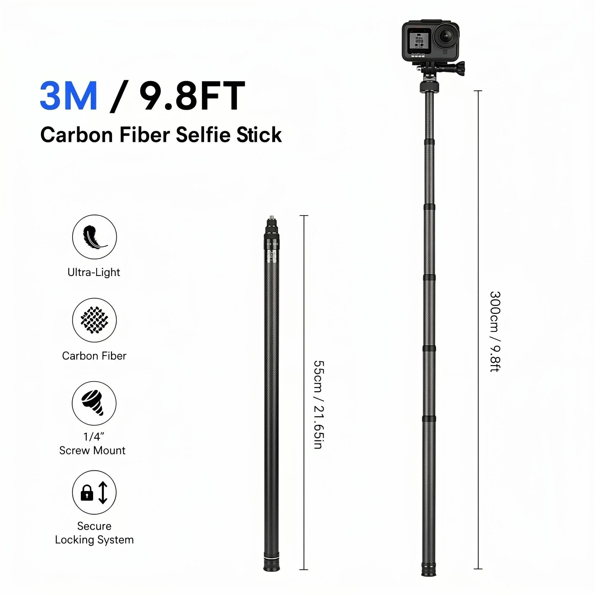 3Mカーボンファイバー自撮り棒 Insta360 X 4/5/ ONE / RS用 アルミ合金自撮り棒 GoPro Hero 11 10 9 8 DJI OSMO Action用