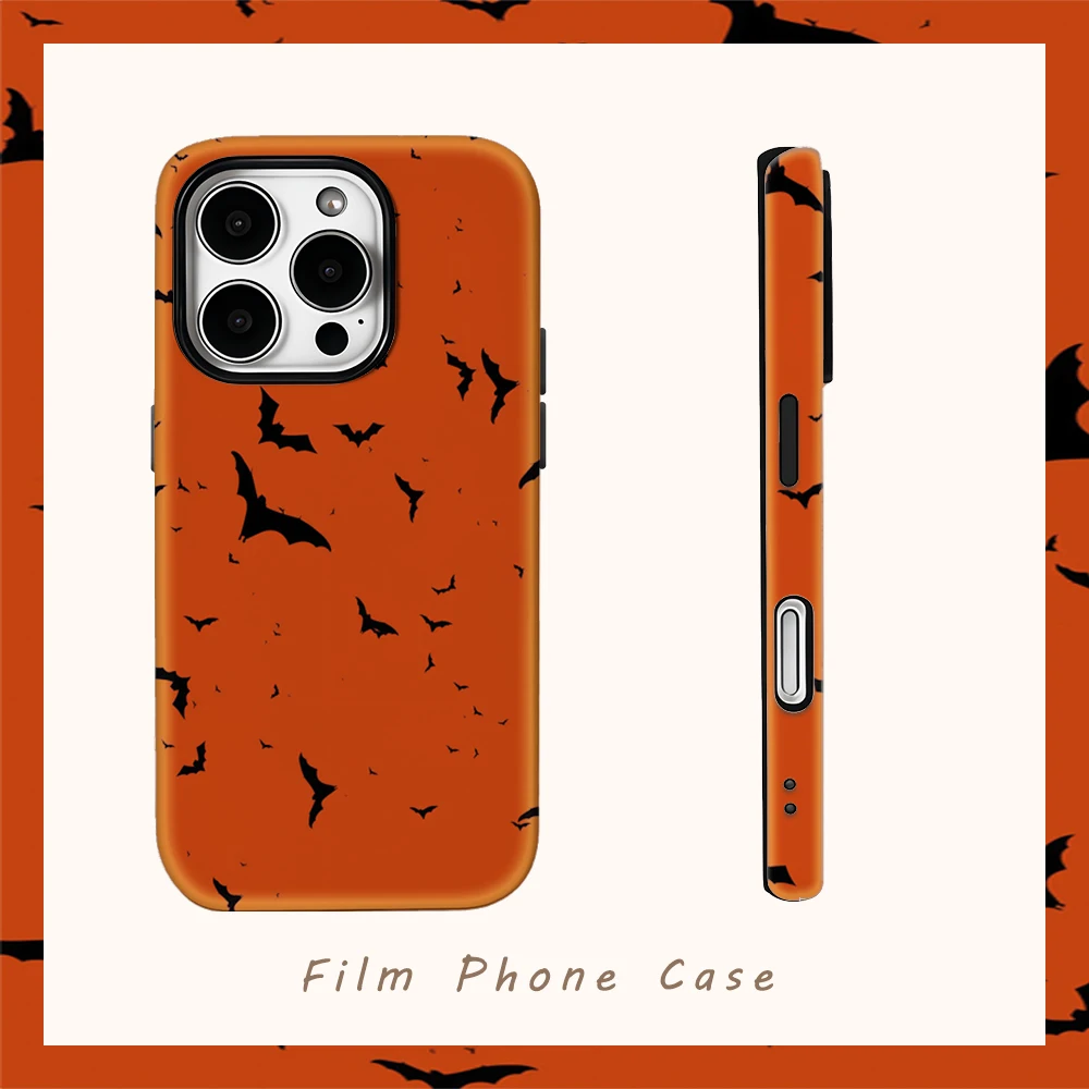 Halloween Fledermaus Schwarm Orange Handyhülle für IPhone 16 15 14 13 12 11 X XS XR XSMAX 7 8 Pro Max Plus Doppelschichtige Rückseite