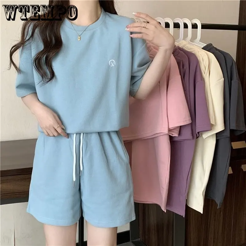 

Women Casual Summer Top and Shorts Set Tracksuit Two-piece Suit Female Sports Short Sleeve Classic Blue Purple Sportwear