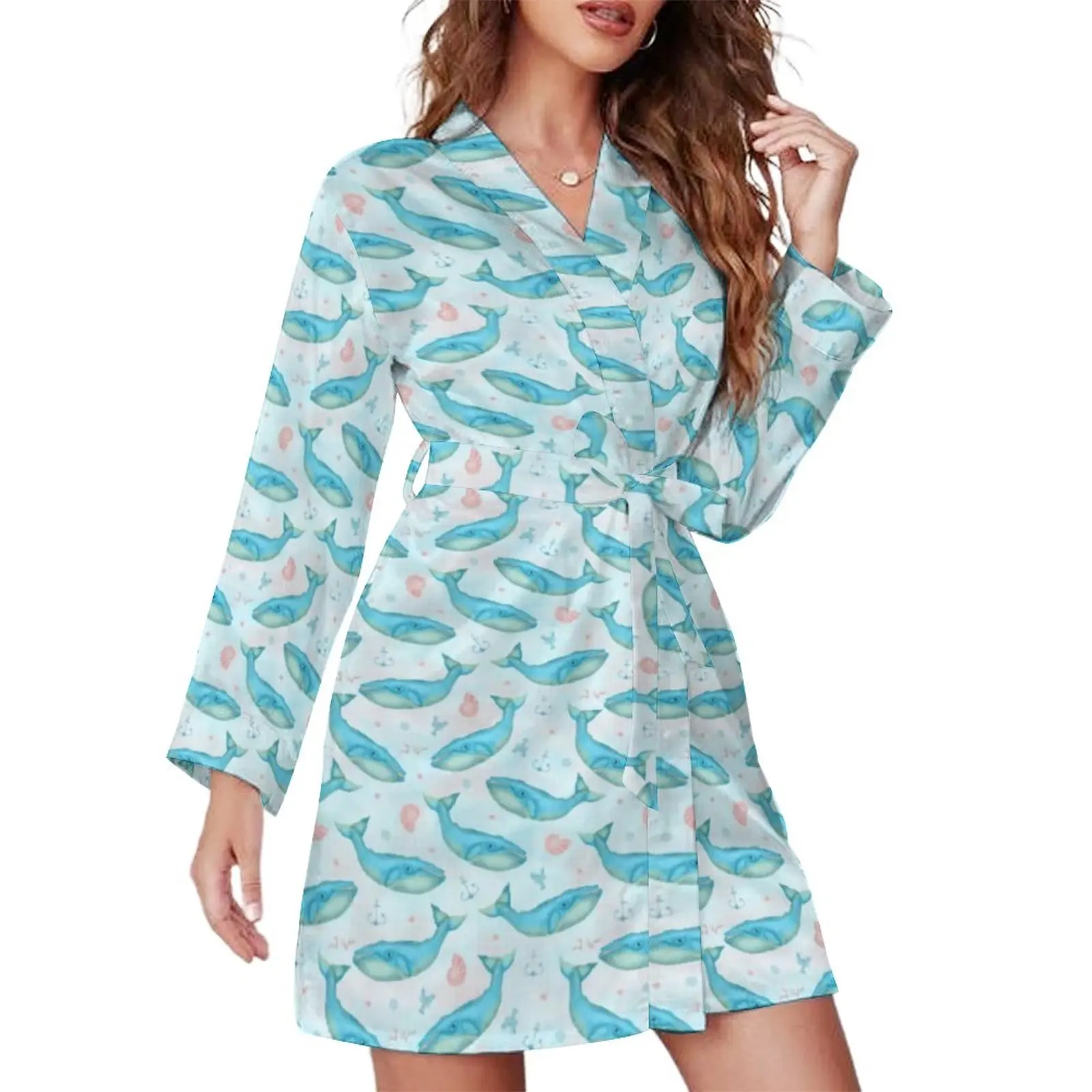 Nautical Ocean Beach Pajama Robe V Neck Blue Whale Sexy Dresses Women Long-Sleeve Aesthetic Sleepwear Print Pajamas Robes