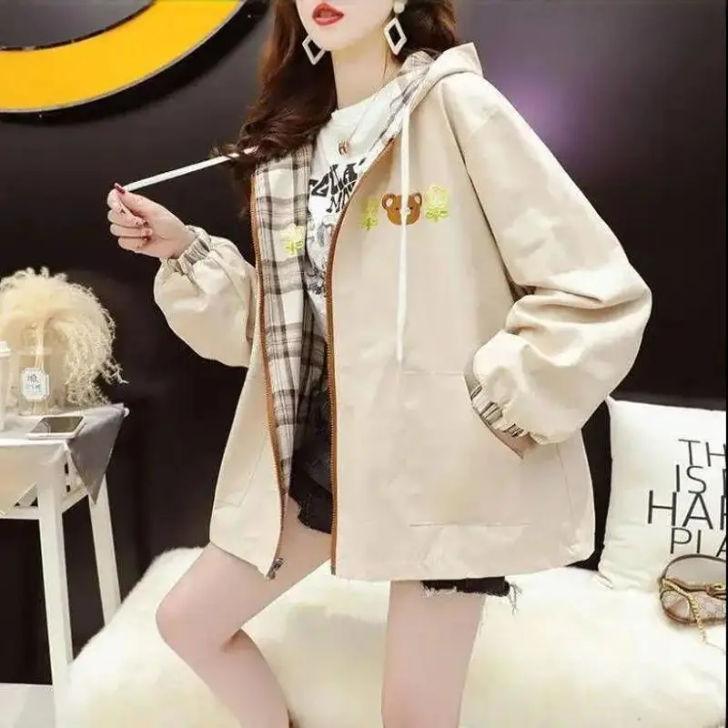 Double-Sided Wearable Women's Coat Adorable Sweet Japanese Style Student Checkered  Size Spring Autumn Winter Versatile