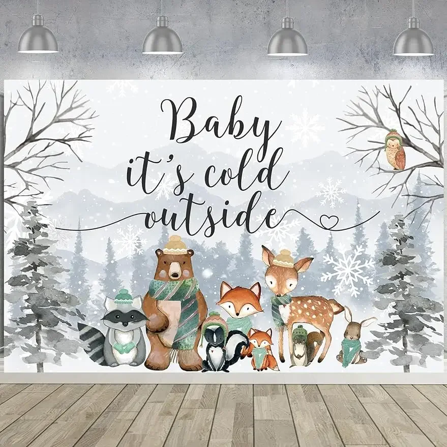 

Winter Baby Shower Backdrop Baby It's Cold Outside Backdrop Winter Woodland Decor Forest Animal Party Supplies