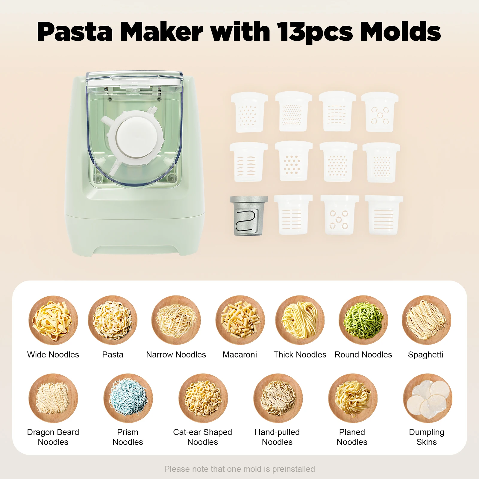 260W Electric Pasta Maker with 13 Molds & LED Display 3-Min Quick-Extrude Dishwasher Safe Parts 110V US Plug Modern Green Design