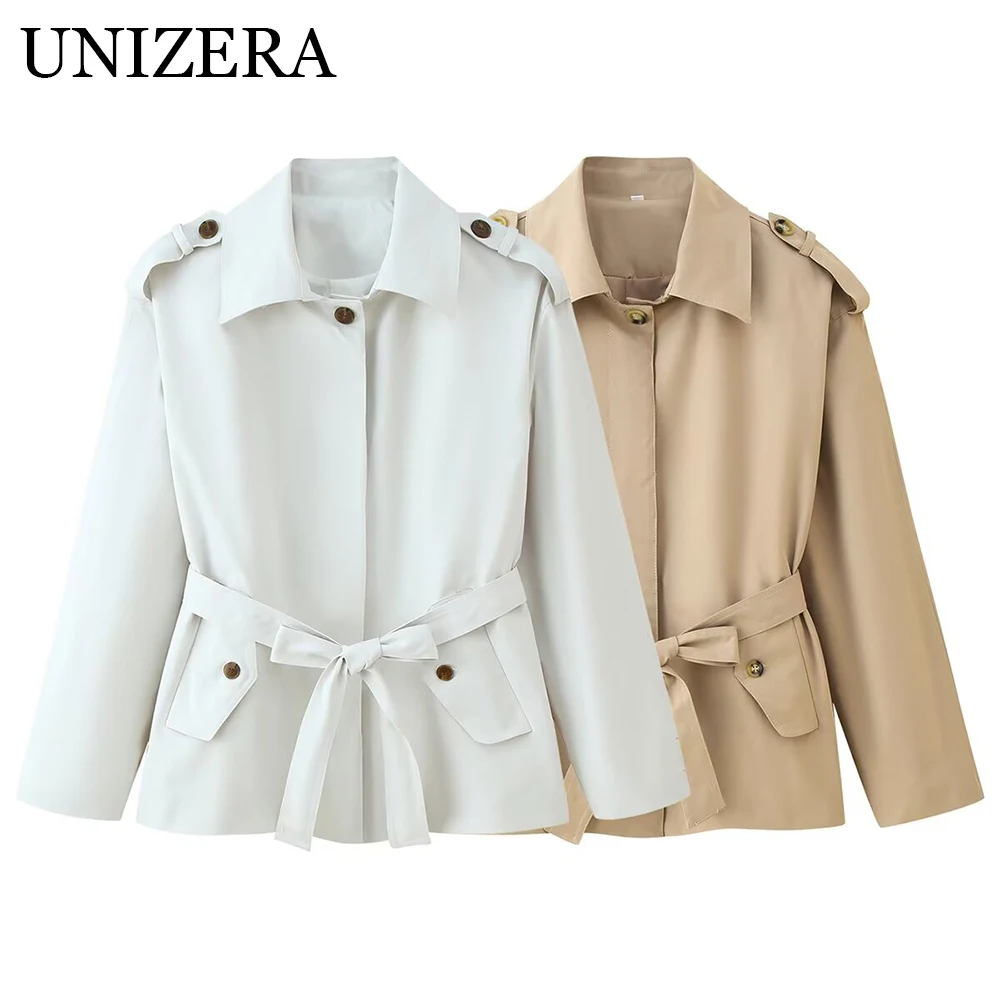 

Autumn new women's clothing with belt, lapel, solid color, loose pocket, short windbreaker jacket