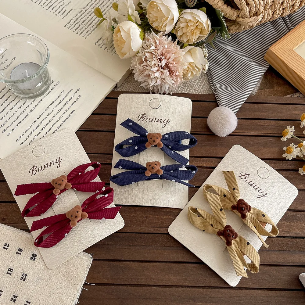 2pcs Velvet Polka Dot Bow Hairpin Bangs Side Clip Cartoon Bear Hair Clip Girl Hairpin Barrettes Headwear Kids Hair Accessories