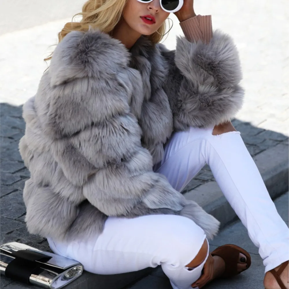 Gray Fur Coat Faux Fur Women's Fur Jacket 2024 Winter Fashion Faux Fox Fur Coat Elegant Lady Long Sleeve Fluffy Jacket