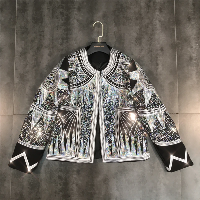 

Luxury Spring Autumn Colorful Sequins Stars Abstract Floral Embroidery Jacket Short Geometric Pattern Beading Coat Cardigan Tops