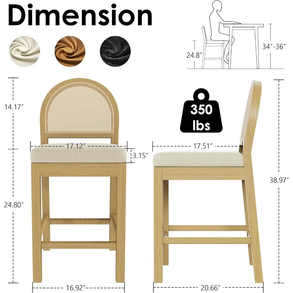 مجموعة مقاعد بار الروطان المنجدة مكونة من 2، مقاعد خشبية بارتفاع منضدة مع ظهر منسوج من الروطان الطبيعي ومقعد شانيل، منتصف المئزر #6