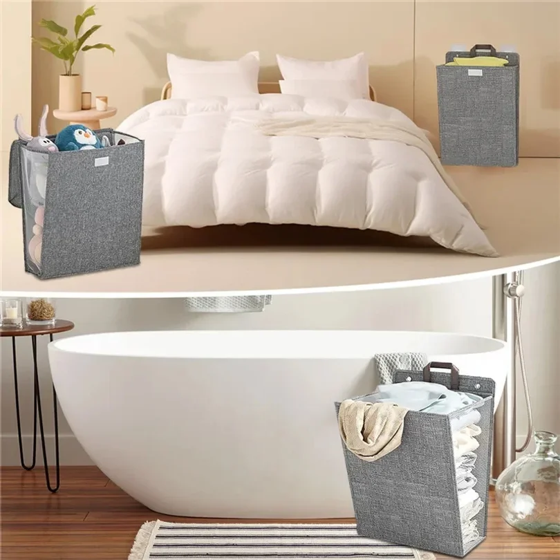 1 Pcs Foldable Adhesive Laundry Basket Hamper Multifunctional Punch Free Wall Hanging Washing Clothes Mesh Hook Organizer - view 6