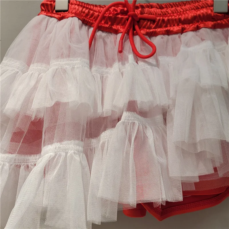 White Mesh Patchwork Red Skirt Shorts for Women 2025 Summer New Clothing Versatile  Elastic Drawstring Waist Shorts