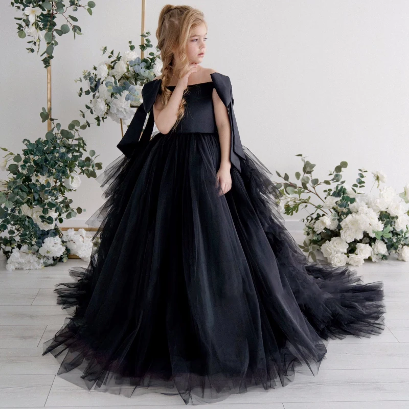 Black Elegant Flower Girl Dress For Wedding Tulle With Bow Sleeveless Floor Length Kids Birthday Party Princess Ball Gowns