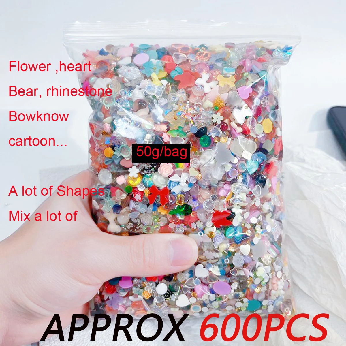 Kawaii Cartoon Bear Nail Decoration, Mix Flor, Coração, Urso, Resina, Bowknot Aleatório, Nail Strass, Y2K Manicure Acessórios, 600Pcs, T7Q & R