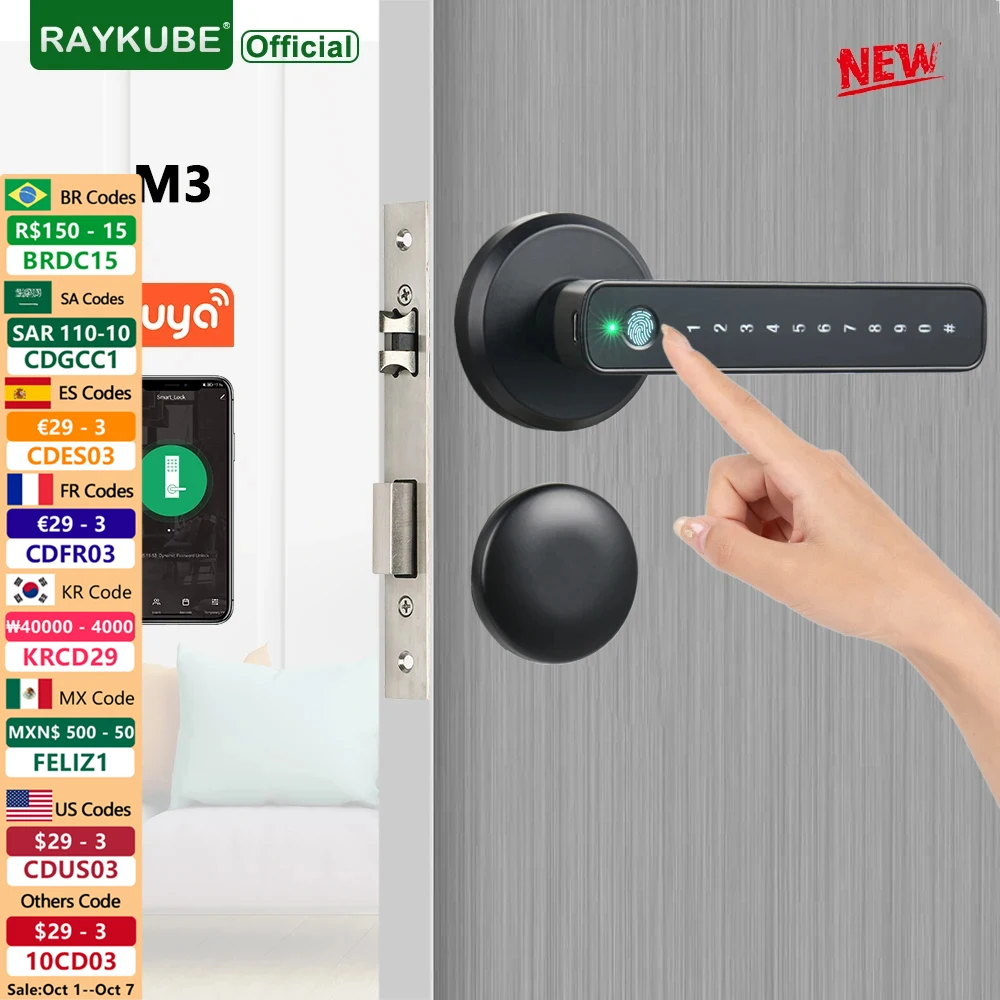 RAYKUBE M3 Tuya BLE Smart Fingerprint Door Lock Password Lock with Keys Smartlife/Tuya APP Unlock For Indoor Wooden Metal Door