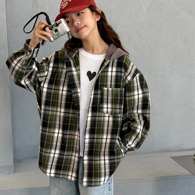 

Spring Autumn Kids Long Sleeve Plaid Blouse with Hood for Big Girls Classic Design Shool Shirt Children Hoodies Coat Age 5-14 Y