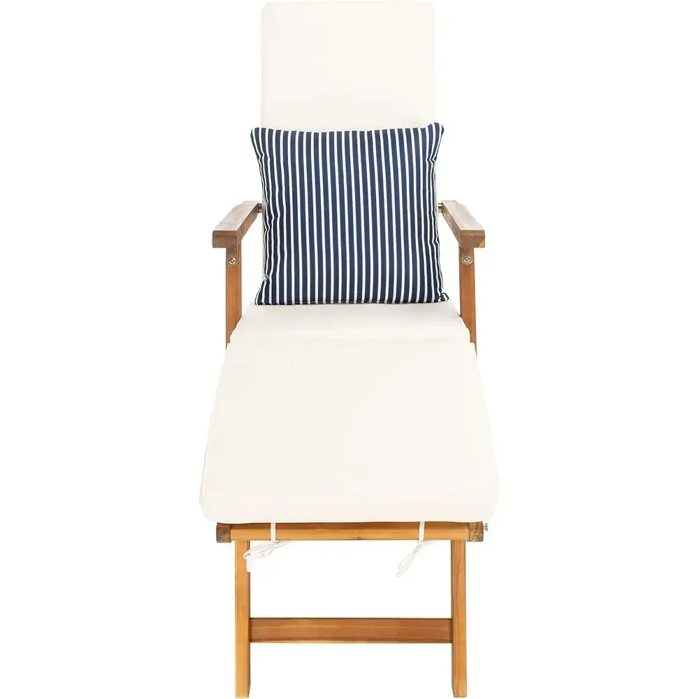 Solid Wood Natural Brown Chaise Lounge Chair with Beige Cushion and Striped Pillow