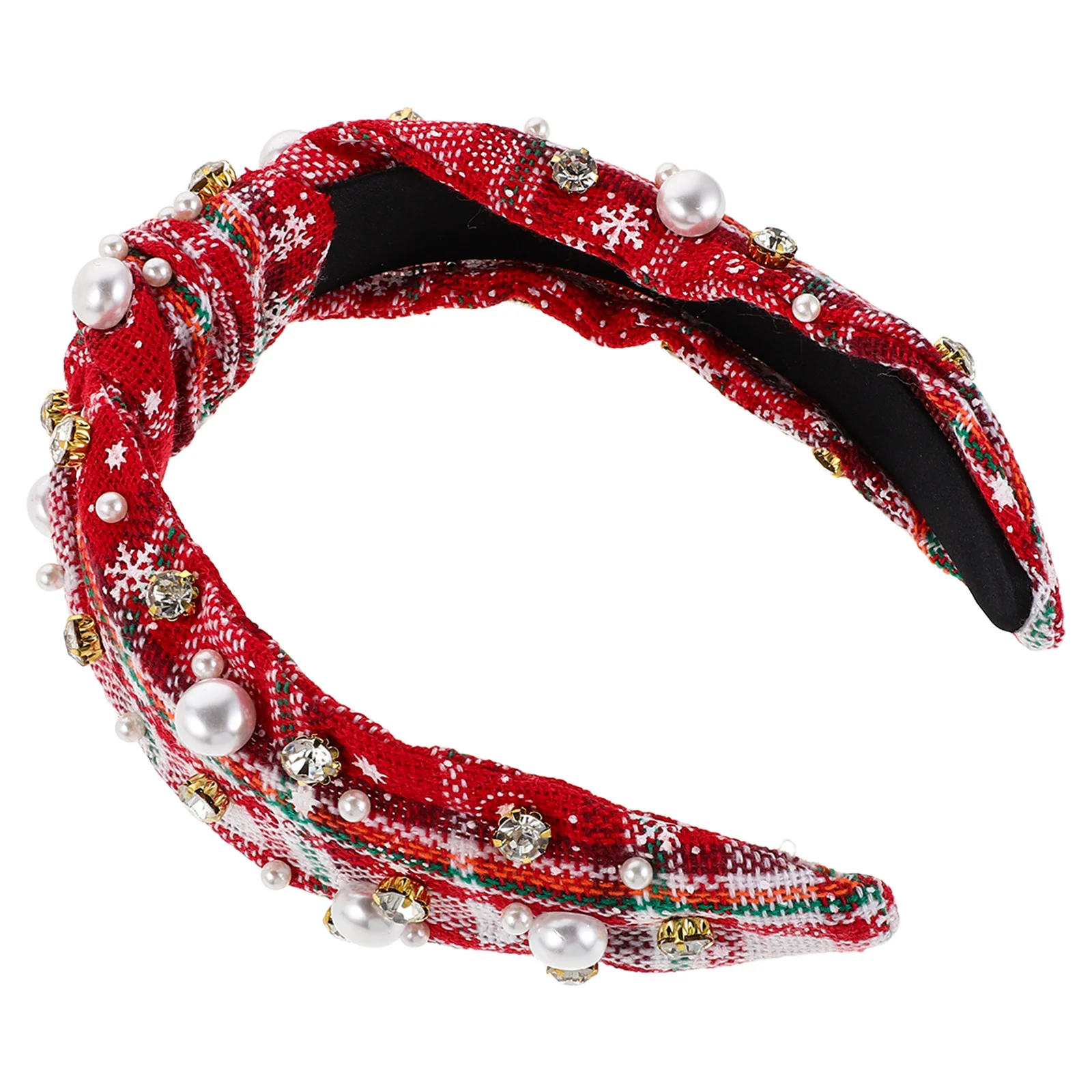 

Christmas Knot Headband for Women Vintage Wide Fabric Band with Sparkly Rhinestones and Pearls Festive Hairband for Holiday