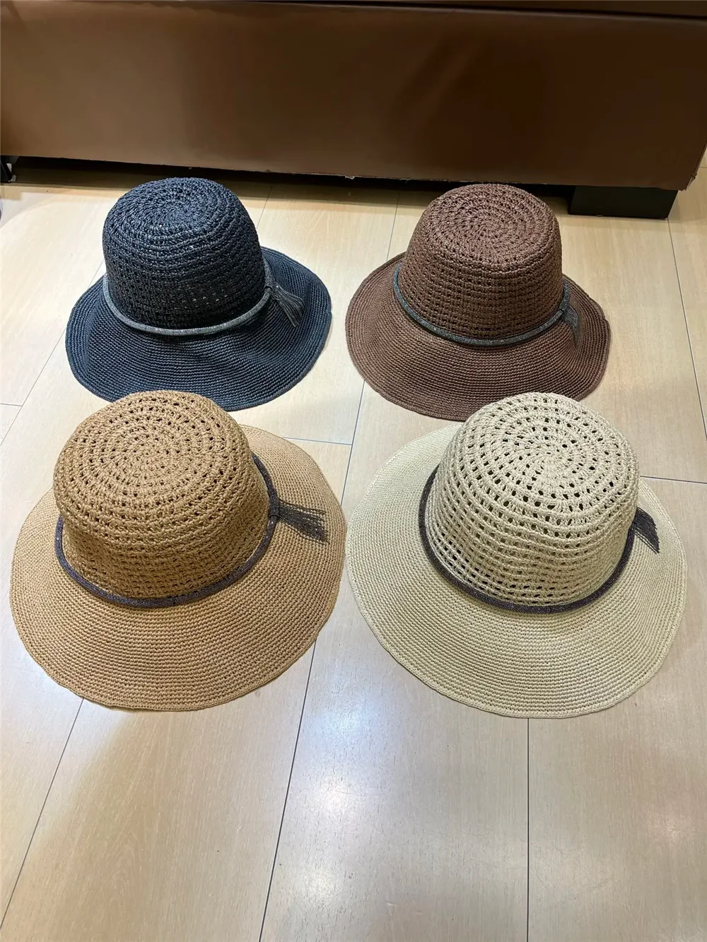 Handmade Braided Raffia Straw Hat Women Summer Casual Vacation Openwork Beading Sun Cap