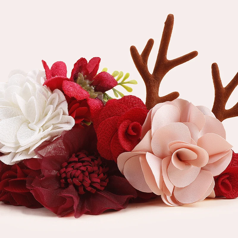 1or2or3pcs Autumn Winter Sweet Baby Christmas Style or Birthday Party Elk Flower Beauty Red Rose Cute Girl Hairband Handmade