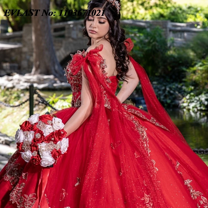 EVLAST Customized Red Quinnceanera Dress Ball Gown Shiny Lace Applique Beaded Corset Mexican Sweet 16 Vestidos De 15 Anos SQ554