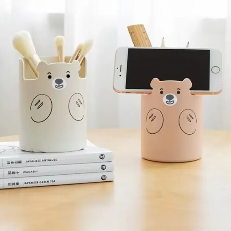 kawaii urso dos desenhos animados maquiagem brush holder multifuncional pen holder adoravel organizador do telefone papelaria estudante 01