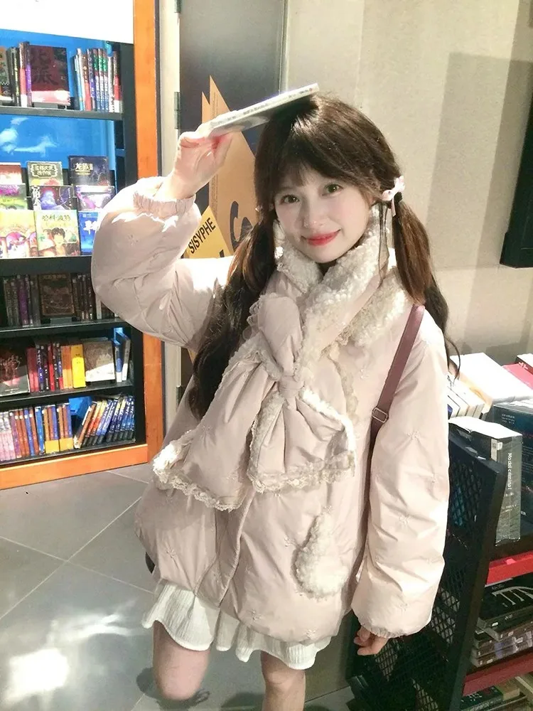 

Хлопковое пальто с меховым воротником Sweet Sle Lamb, женское зимнее новое свободное теплое пальто с кукольным воротником, обычное све Long Sve