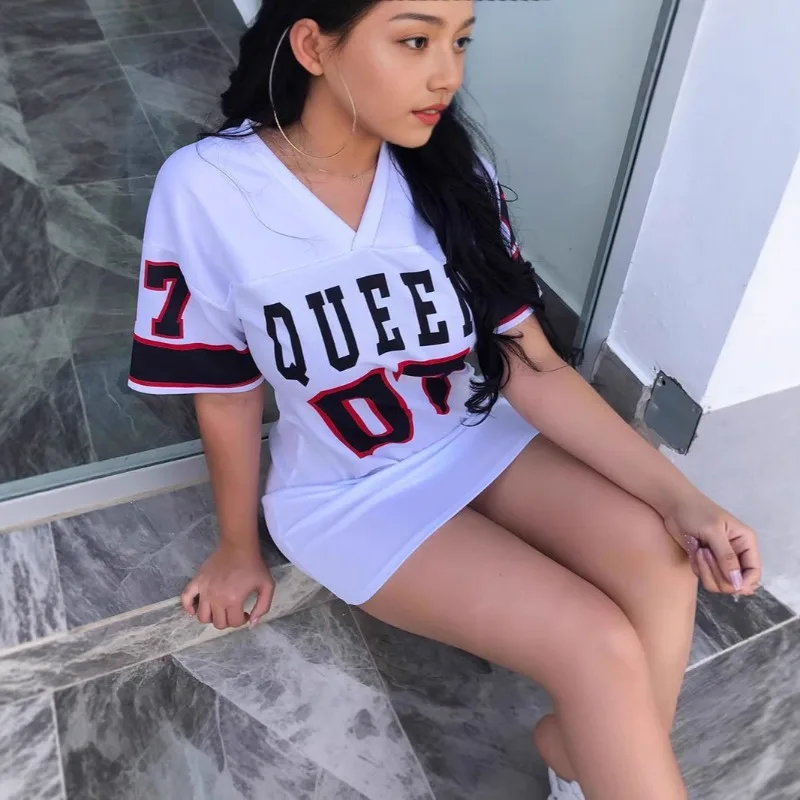 2025 New Fashion V-Neck Queen Letters Print Dress Short Sleeve Basketball Sporty Style Sexy Loose Female Clothing Streetwear - Image 2