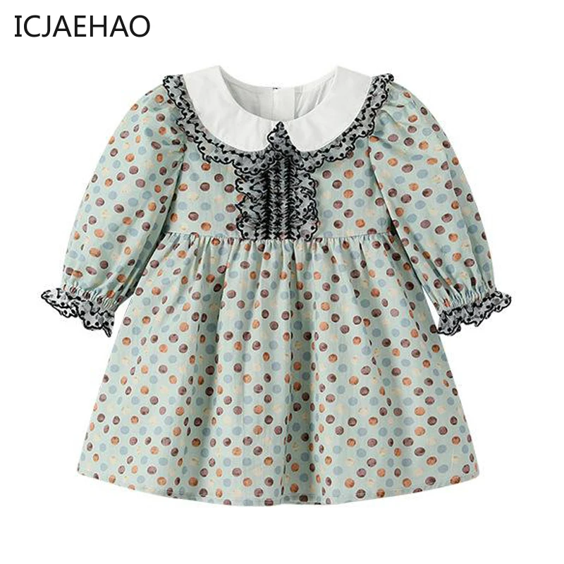 

Kids Girl Flower Fashion Dress for Spring Infant Girls Korean Collar Print Dot Dresses Children Clothes Outfit Toddlers Vacation