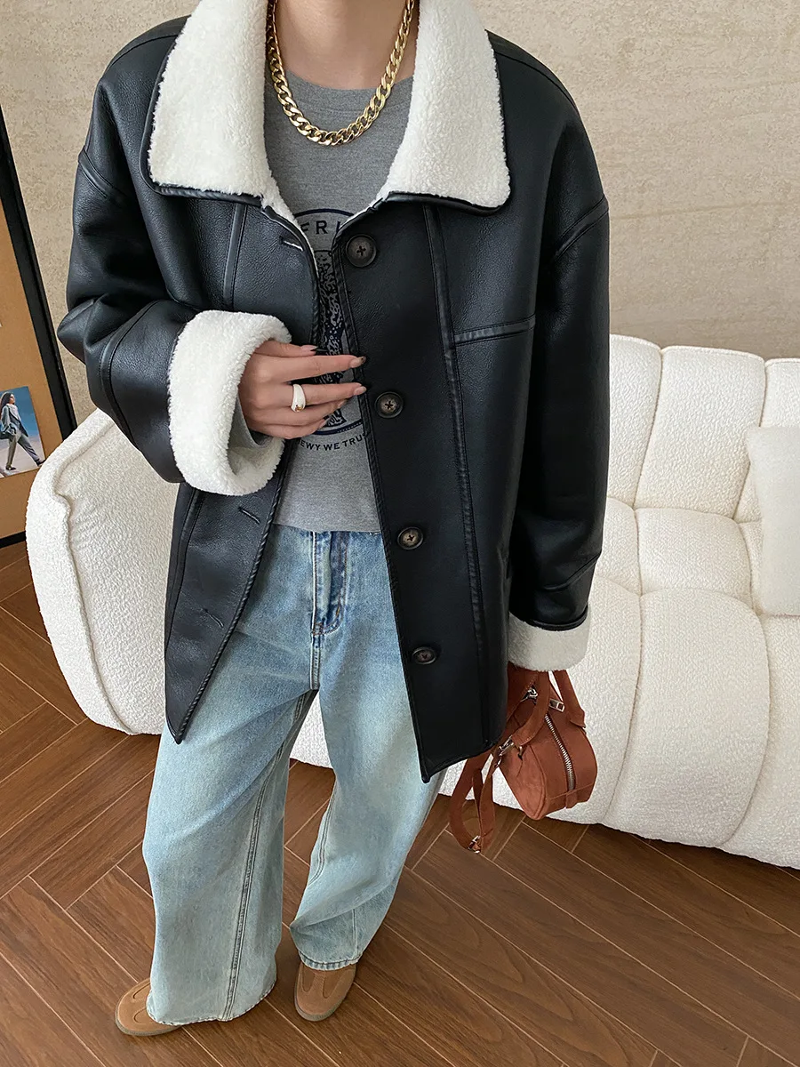 Winter women\'s casual solid color lapel long sleeved loose fur one-piece jacket