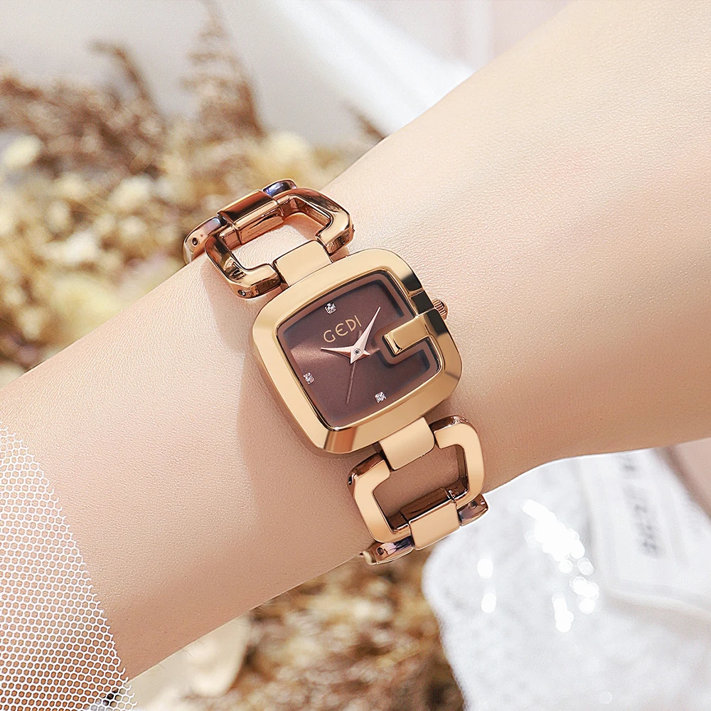 GEDI Elegant Steel Chain Strap Square Shaped Ladies Watches Luxury Minimalist Waterproof Women's Quartz Jewelry Wrist Watch Gift