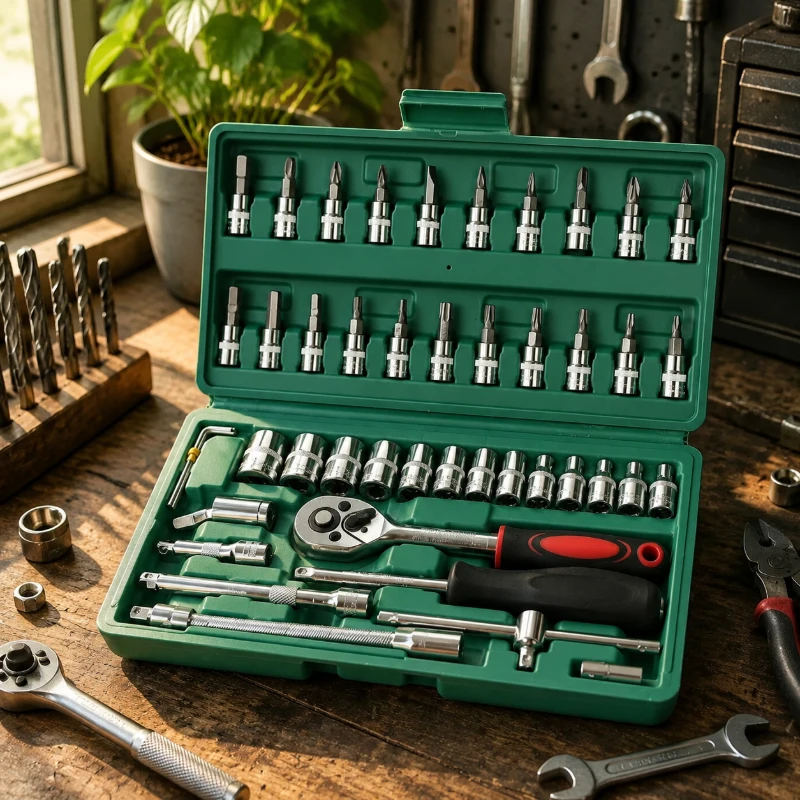 

46Pcs 1/4 Inch Socket Tool Kit, Green Ratchet Wrench Set, Durable Portable Tools for Car and Home Repairs