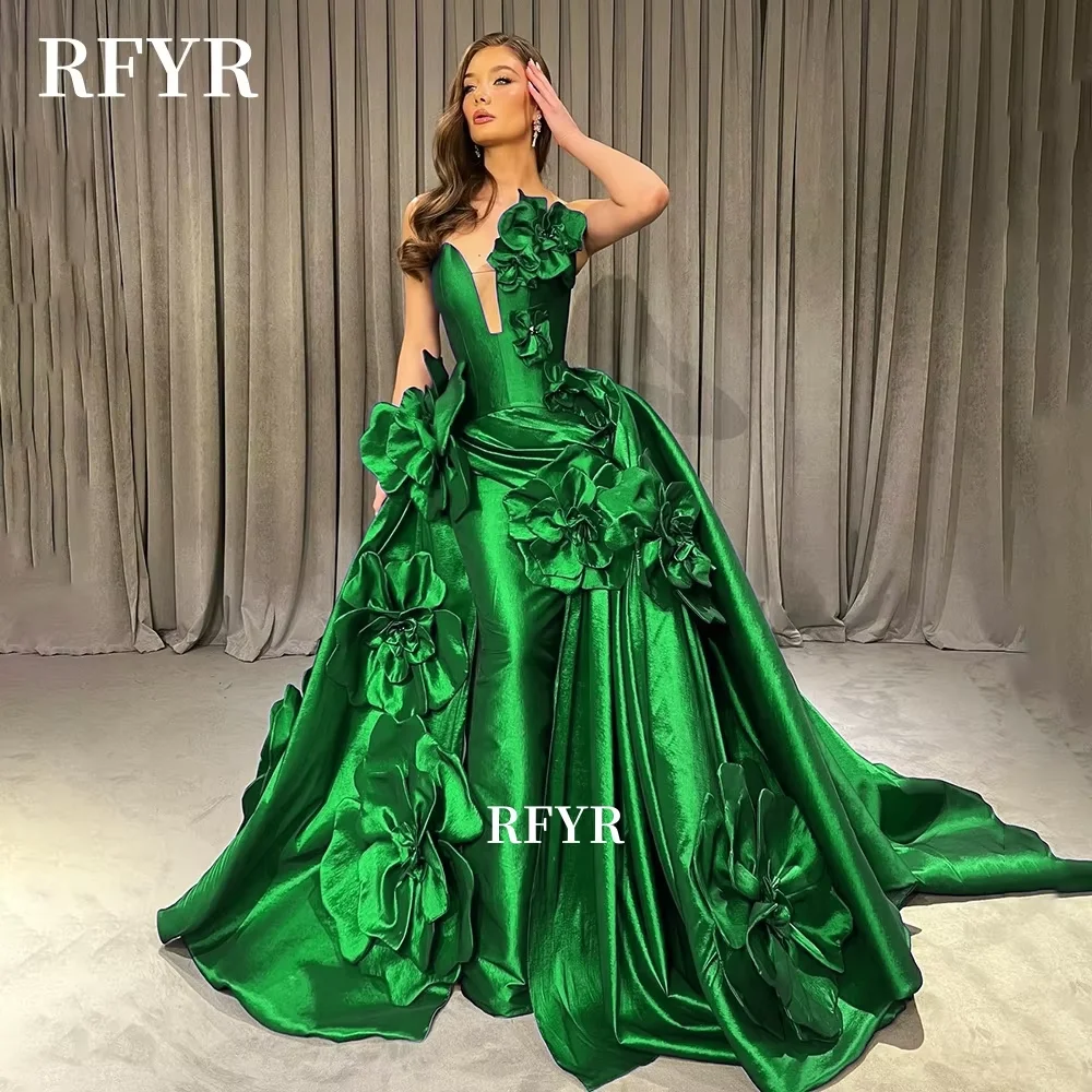 RFYR Mermaid Party Dress 3D Flowers Prom Dress with Detachable Train Evening Gown for Arabic Women مناسبة رسمية C image 3