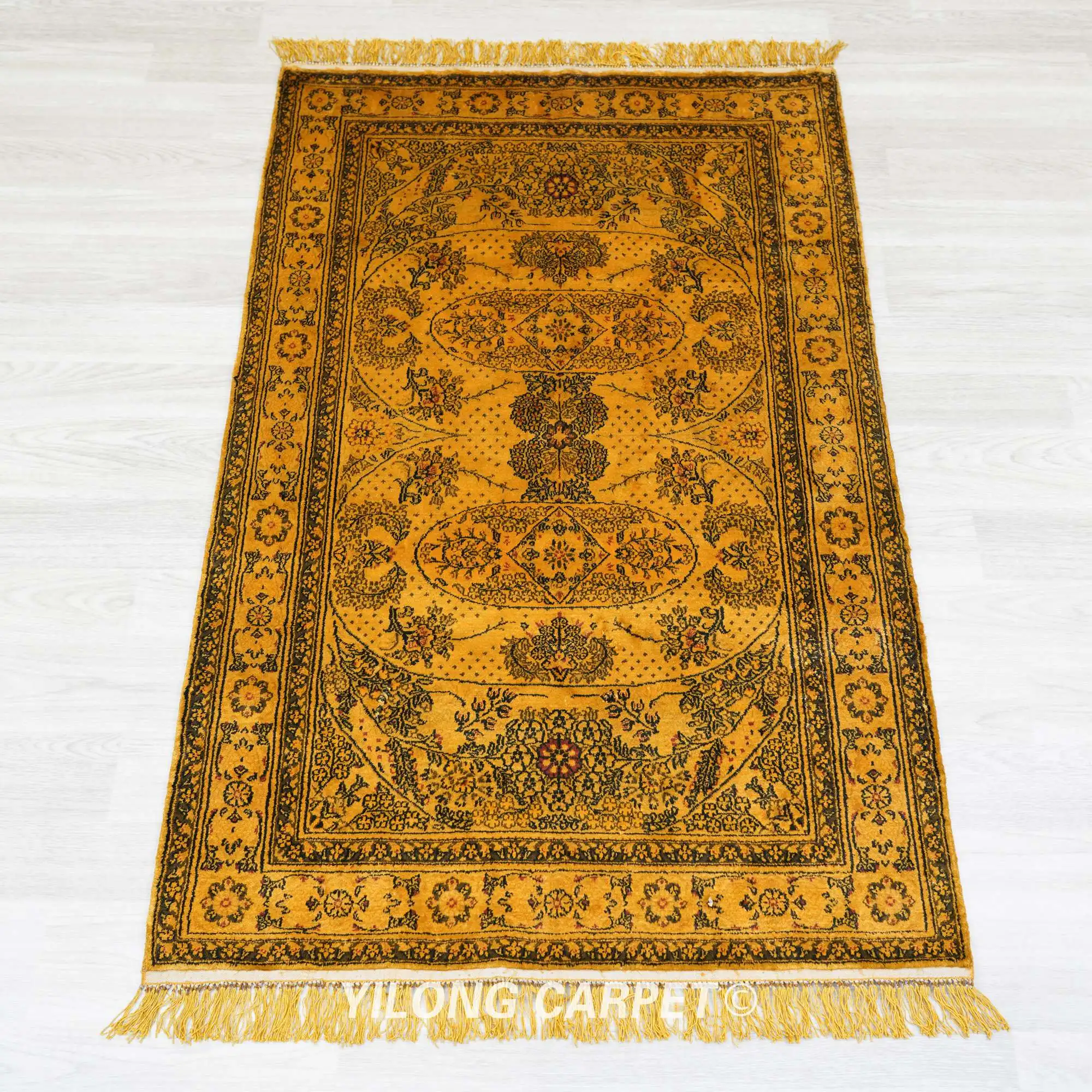 76x122cm Yellow Handmade Silk Area Rug Home Decor HandKnotted Carpet (LZL156AB)