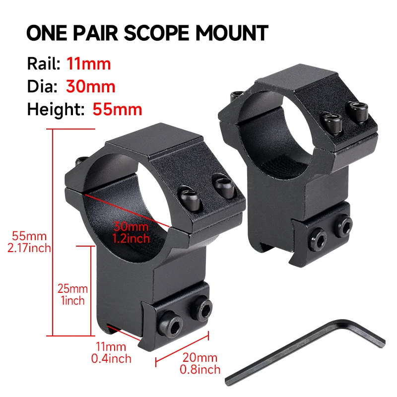 Metal 30mm Double Nail Ring Mouth, Sight Scope Bracket, Laser Flashlight Bracket, Equipped with Hexagonal Wrench, 20mm/11mm Moun