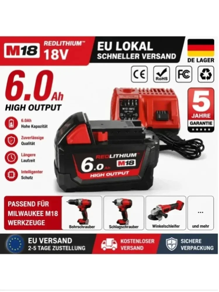 Bateria litowa 18V 6.0Ah 18650 o dużej pojemności, kompatybilna z Milwaukee M18 48-11-1860 / 48-11-1850 / 48-11-1840 – dostawa z magazynu w UE — 2